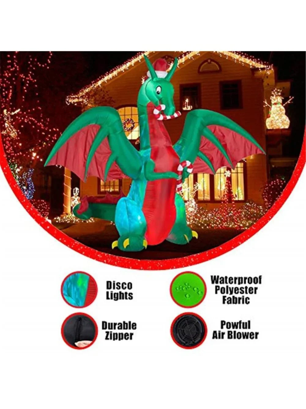 8ft Inflatable Christmas Dragon with Candy Disco Light